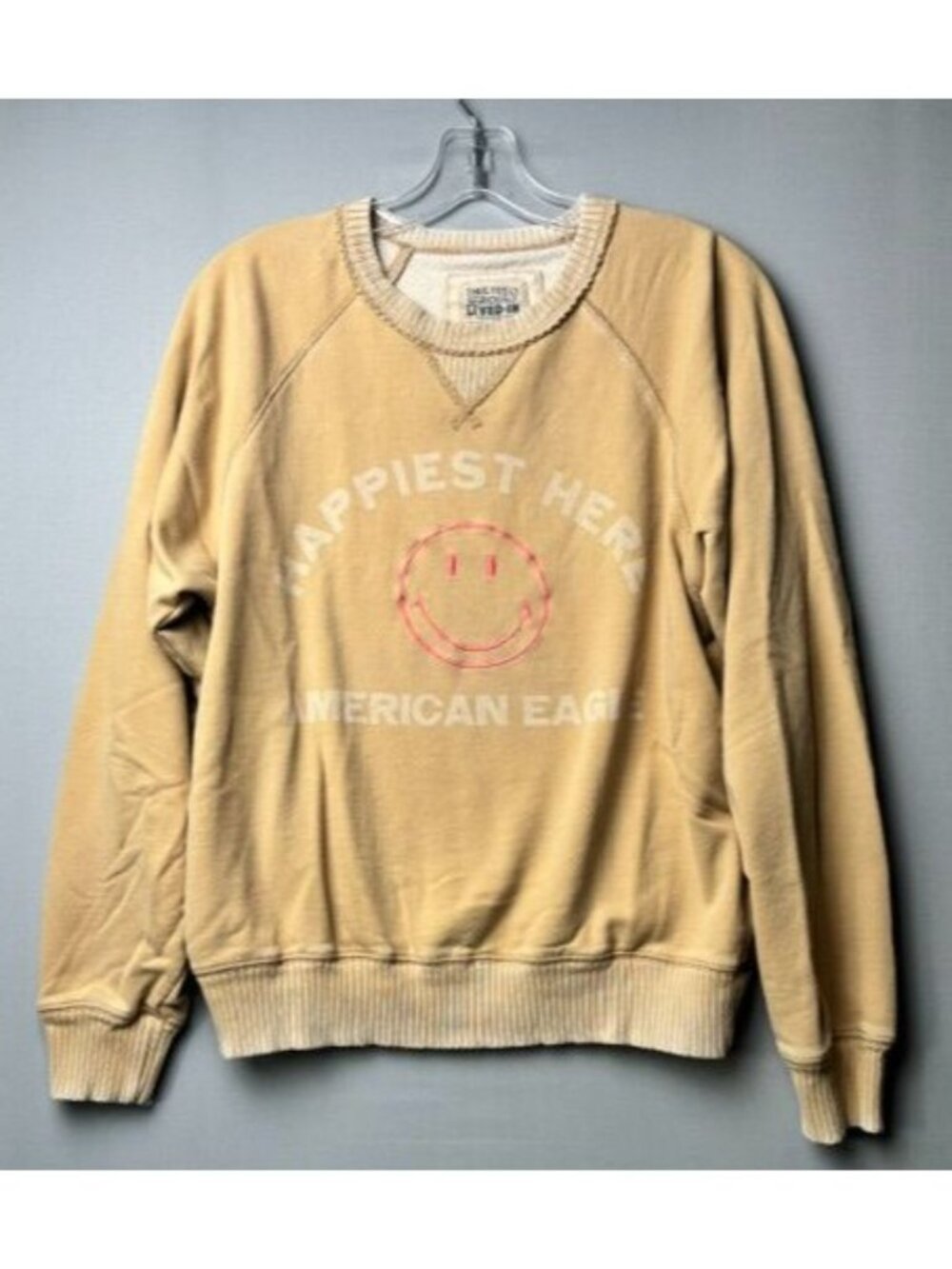 American Eagle Smiley Sweatshirt Women's S Happiest Here Distressed Pullover Tan